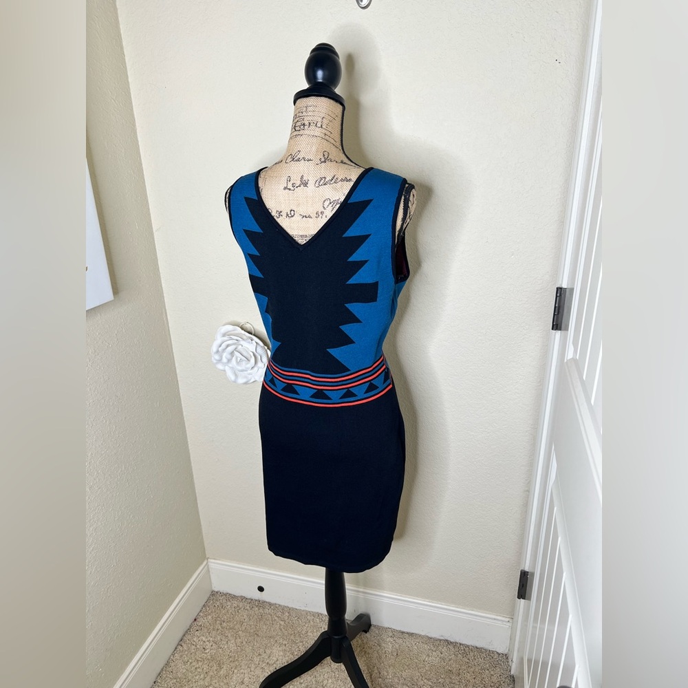 NTM Romeo & Juliet Couture Aztec Bodycon Dress Blue Black Bandage Mini Size L - Picture 5 of 14